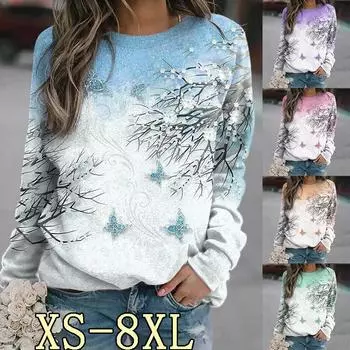 Женские топы весна-осень 2024 года с длинными рукавами, удобные, универсальные, с принтом, с круглым вырезом, XS-8XL S
