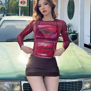 Женские топы Y2K, повседневные футболки с длинным рукавом, сексуальные красные губы, облегающие футболки, женские уличные футболки, топы, повседневные модные укороченные топы S красный