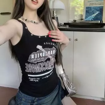 Женские топы Y2K, ретро-футболки без рукавов, черные повседневные жилеты для девочек, уличная одежда, летние внутренние топы S
