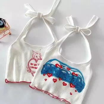 Женские топы Y2K с бретельками через шею, милые топы с сердечками и буквами, милые сексуальные топы на завязках Y2K для женщин, лето 2024 S красный