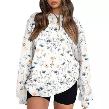 Женские топы Женский свитшот с длинным рукавом Повседневный с круглым вырезом Свободного кроя Пуловер Флисовые топы M белый