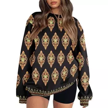 Женские топы Женский свитшот с длинным рукавом Повседневный с круглым вырезом Свободного кроя Пуловер Флисовые топы L чёрный