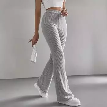 Женские трикотажные брюки-клеш в рубчик 2025 года: Однотонные, облегающие, модные брюки на все времена Medium чёрный