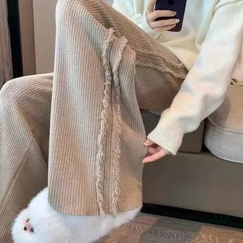 Женские трикотажные брюки с бахромой, прямые брюки с высокой талией One size хаки