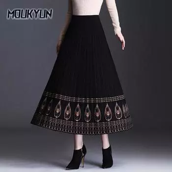 Женские трикотажные длинные юбки плиссированные женские весенние зимние осенние винтажные с высокой талией одежда Faldas One Size чёрный