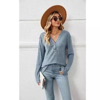 Женские трикотажные футболки с длинным рукавом, однотонные повседневные футболки с v-образным вырезом S красный