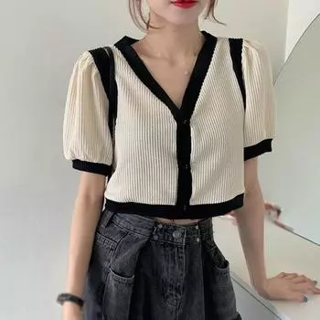 Женские трикотажные футболки с v-образным вырезом и короткими рукавами-пузырьками, летние топы, летние