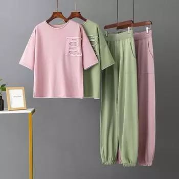 Женские трикотажные костюмы из ледяного шелка, летние длинные брюки с круглым вырезом и короткими рукавами, большой комплект из двух предметов OneSize розовый