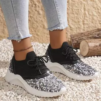 Женские трикотажные кроссовки с пайетками, женские модные кроссовки на шнуровке с толстой подошвой, женские дышащие кроссовки для занятий в спортзале, размер 43 35 чёрный