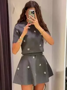 Женские трикотажные мини-юбки со стразами, комплект из 2 предметов, свитер с короткими рукавами и высокой талией, эластичная плиссированная юбка А-силуэта S серый