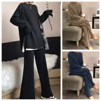 Женские трикотажные наряды, блузка с длинными рукавами и брюки, комплект из двух предметов S абрикосовый