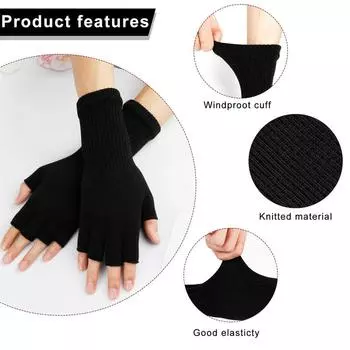 Женские трикотажные перчатки с длинным рукавом до половины пальца чёрный