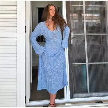 Женские трикотажные платья макси, сексуальное платье с глубоким V-образным вырезом, пляжное платье в стиле отпуска, цветочное летнее платье с длинными расклешенными рукавами S синий