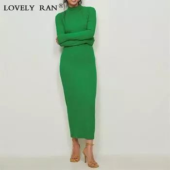 Женские трикотажные платья в рубчик, облегающее платье с высоким воротником и длинными рукавами до щиколотки, осень-зима, повседневное модное элегантное женское платье S чёрный