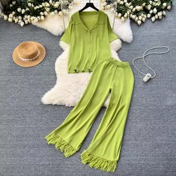 Женские трикотажные повседневные костюмы из двух предметов, топ с короткими рукавами с лацканами + длинные брюки с высокой талией и кисточками, шикарные летние свободные комплекты для ленивых One Size чёрный