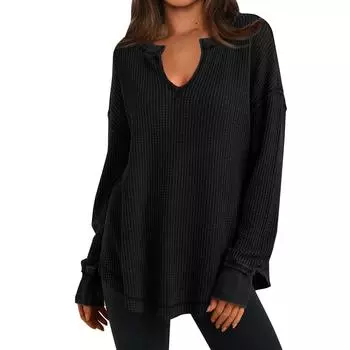 Женские трикотажные рубашки с длинным рукавом, V-образным вырезом, однотонные, повседневные, с заниженной линией плеч, топы на осень с открытым швом M чёрный