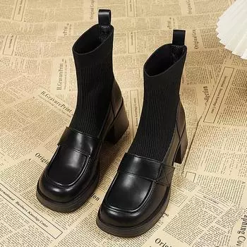 Женские трикотажные сапоги в британском стиле на эластичном каблуке 35 чёрный