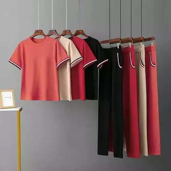 Женские трикотажные спортивные летние брючные костюмы из ледяного шелка с круглым вырезом и короткими рукавами, однотонный комплект из двух предметов OneSize красный