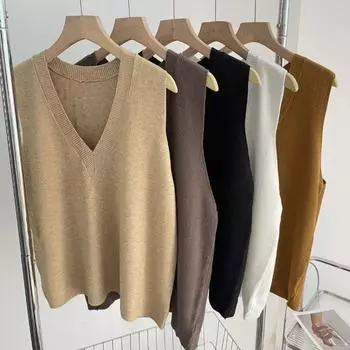 Женские трикотажные свитера без рукавов, женские жилеты, осенние свитера с V-образным вырезом, зимние свободные повседневные однотонные элегантные простые офисные женские жилеты 25051 One Size белый