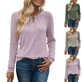 Женские трикотажные топы с длинными рукавами, новые, с круглым вырезом L армия зеленый