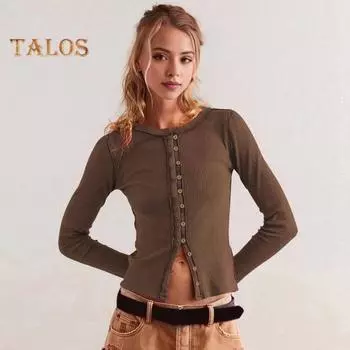 Женские трикотажные топы с круглым вырезом и длинным рукавом, однобортные, ребристые, с застежкой на пуговицы спереди, приталенный кардиган M бежевый