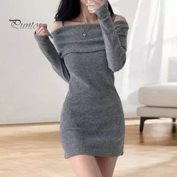 Женские трикотажные топы с открытыми плечами, длинные рукава, однотонные, облегающие, топы, сексуальные, ребристые, длинная блузка S серый