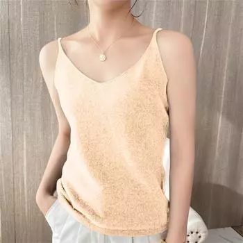 Женские трикотажные топы с V-образным вырезом, повседневные блузки без рукавов, однотонные базовые майки L бежевый