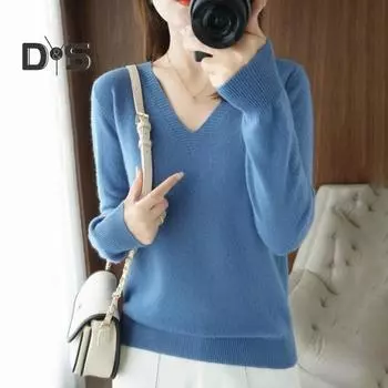 Женские трикотажные топы, сексуальные, с V-образным вырезом, с длинным рукавом, свободный крой, однотонные, с ребристой отделкой, тонкий свитер-пуловер M верблюд