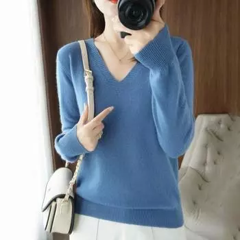 Женские трикотажные топы, сексуальные, с V-образным вырезом, с длинным рукавом, свободный крой, однотонные, с ребристой отделкой, тонкий свитер-пуловер M чёрный