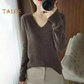 Женские трикотажные топы, сексуальные, с V-образным вырезом, с длинным рукавом, свободный крой, однотонные, с ребристой отделкой, тонкий свитер-пуловер M синий