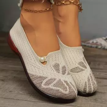 Женские трикотажные туфли Flying Knitting Flat Shoes, осенние новые туфли с круглым носком и неглубокой резинкой, дышащие, с мягкой подошвой, нескользящие, одинарные туфли 36 грязно-белый