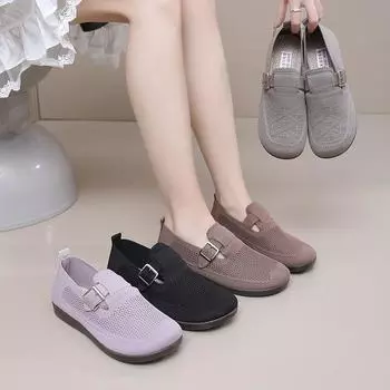 Женские трикотажные туфли на плоской подошве, легкие, удобные, офисные, лоферы, повседневные, из дышащей сетки, для ходьбы, нарядные туфли на плоской подошве с круглым носком для женщин 35 чёрный