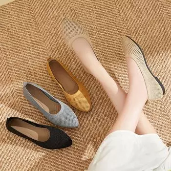 Женские трикотажные туфли на плоской подошве, удобные слипоны с круглым носком и открытым носком, дышащие прогулочные туфли 41 чёрный