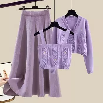 Женские трикотажные юбки-костюмы Осень-зима Вязаный кардиган свитер Вязаная майка Юбка-зонтик Комплект из трех предметов Вязаная юбка А-силуэта Вязаный топ Наряды M
