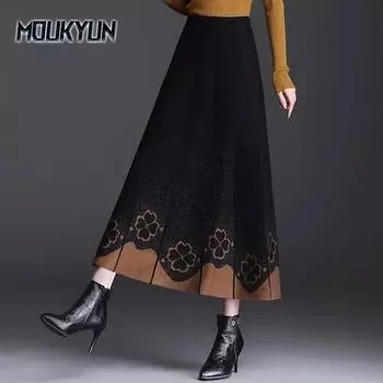 Женские трикотажные юбки миди зимние толстые шерстяные А-силуэта большие свободные длинные юбки One Size