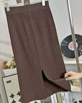 Женские трикотажные юбки с высокой талией, юбка-свитер миди, женские юбки с разрезом на спине, женская одежда весна-осень One Size чёрный