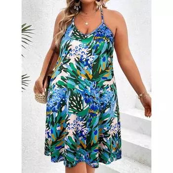 Женские тропические платья для отпуска, сарафаны без рукавов с круглым вырезом, летнее платье-майка S разноцветный