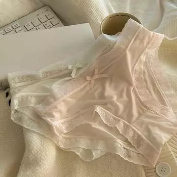 Женские трусики, бесшовные кружевные трусы с бантом, мягкие однотонные эластичные тонкие с высокой талией, быстросохнущие дышащие антисептические женские трусы, трусы M синий