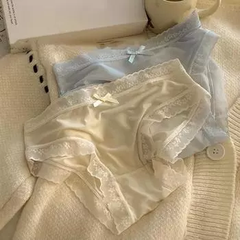 Женские трусики, бесшовные кружевные трусы с бантом, мягкие однотонные эластичные тонкие с высокой талией, быстросохнущие дышащие антисептические женские трусы, трусы M чёрный