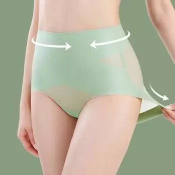 Женские трусики, бесшовные, с высокой талией, из ледяного шелка, с контролем живота, хорошая воздухопроницаемость, сплошной цвет, облегающий тонкий, быстросохнущий, повседневные спортивные трусы, женские трусы M мятный зеленый