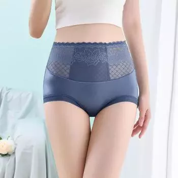 Женские трусики, бесшовные, с высокой талией, с контролем живота, эластичные трусы, хорошая воздухопроницаемость, кружевные, однотонные, тонкие M серый