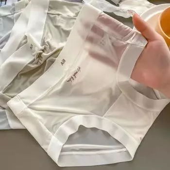 Женские трусики бесшовные средней талии прозрачные Ice Silk Высокая эластичность Хорошая воздухопроницаемость Твердые M синий