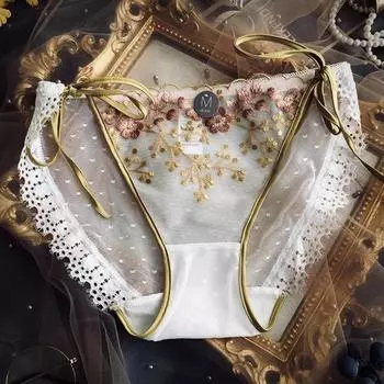 Женские трусики-брифы из хлопка и сетки с цветочным принтом и средней посадкой, кружевные трусики с цветочным бантом и вышивкой для женщин M
