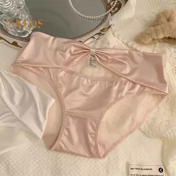 Женские трусики из прозрачной сетки с большим бантом и декором из атласа с открытой средней талией, однотонные, облегающие, тонкие, быстросохнущие, повседневные спортивные трусы L светло-розовый