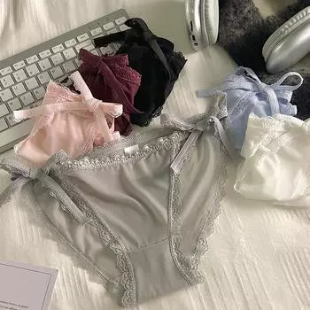 Женские трусики из шелка Ice, нижнее белье, сексуальные женские трусики из хлопка с завязками и низкой талией, кружевные трусики one size синий