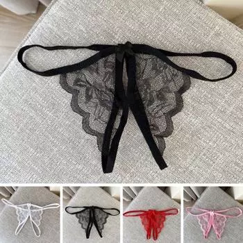 Женские трусики, кружевные, с открытой промежностью, прозрачные, с бантом, декор, однотонные стринги, стринги, женское тонкое интимное женское нижнее белье с низкой талией