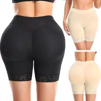 Женские трусики-подтяжки для ягодиц с подкладками Корректирующее белье для увеличения ягодиц Утягивающее нижнее белье Утолщенные подушечки Кружевные шорты-утягиватели M бежевый