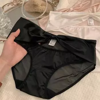 Женские трусики, прозрачная сетка, большой бант, декор, атласная талия, полые средние тонкие однотонные тонкие трусики L светло-розовый