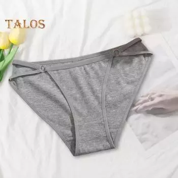 Женские трусики с ажурной нитью, однотонные, с низкой талией, с небольшим украшением в виде кольца, эластичные хлопковые трусы-бикини для повседневной носки и домашнего сна S серый