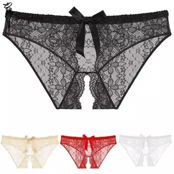 Женские трусики с бантиком, кружевные, с вырезами, с низкой посадкой, сексуальные, соблазнительные, с открытой промежностью, легко снимаемые M